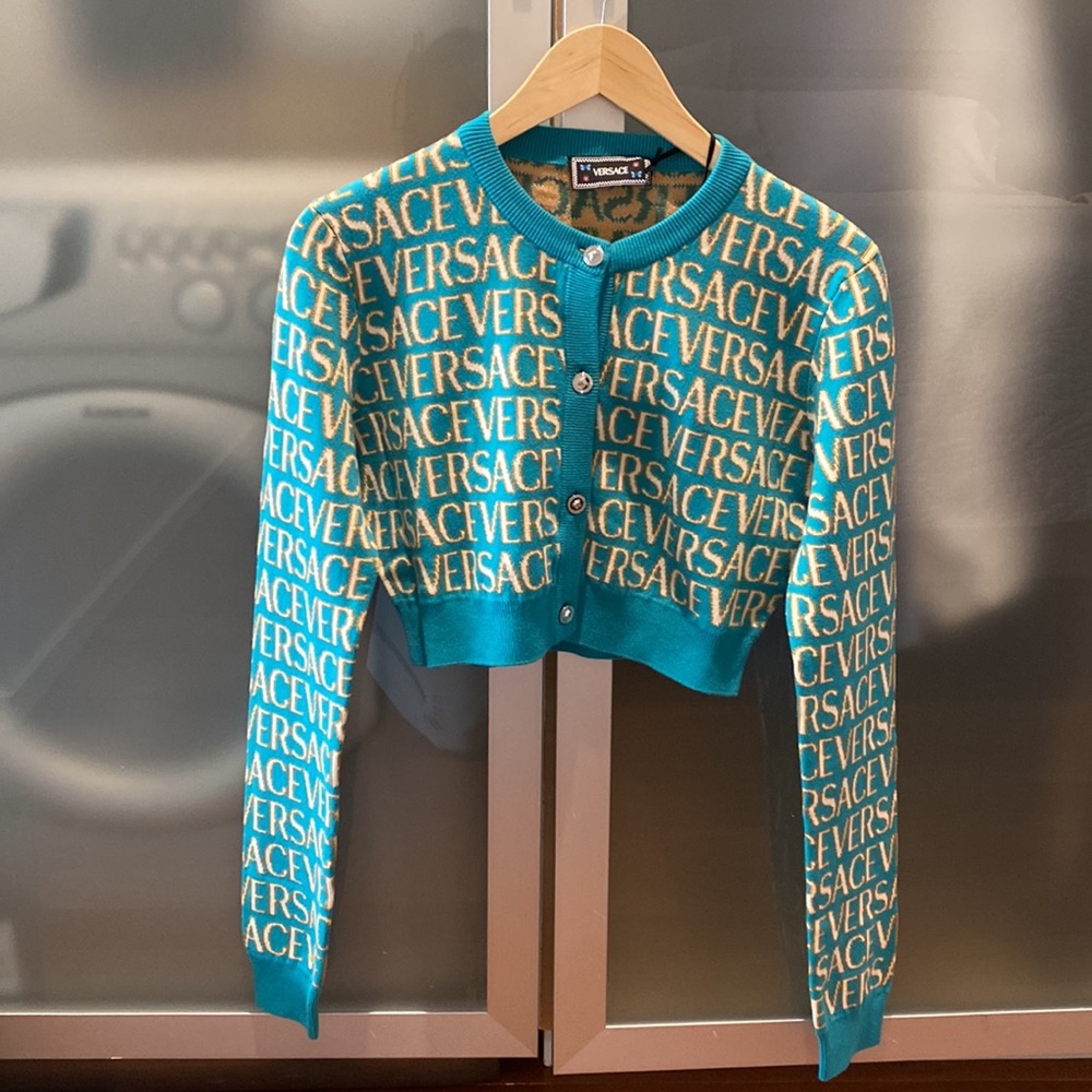 Authentic VERSACE Allover logo-jacquard cropped cardigan
